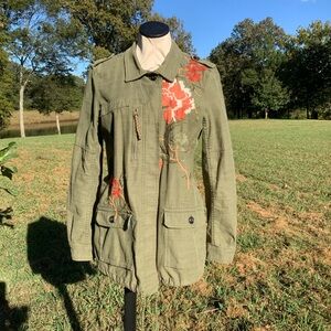 Anthropologie Hei Hei Floral Embroidered Field Utility Military  Green Jacket M